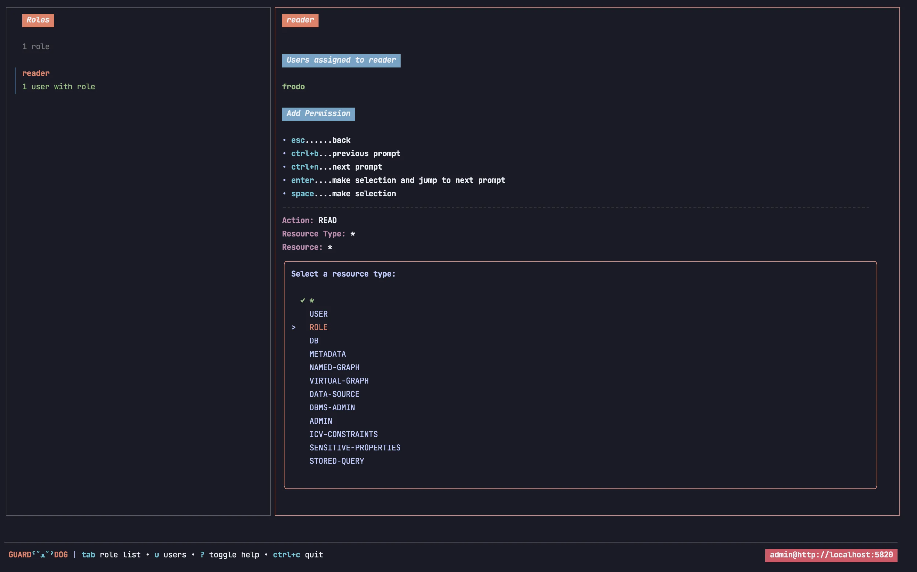 guard-dog screenshot of assigning permissions to roles
